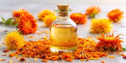 Clear Glass Bottle of Safflower Oil with Vibrant Petals and Seeds on White Background