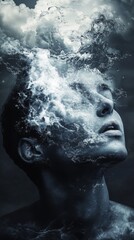 Fototapeta premium A man's face is covered in water, creating a surreal and dreamlike atmosphere
