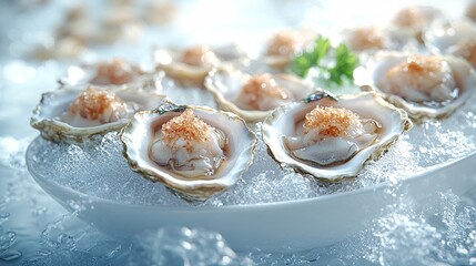 many oysters with wavy splashes of water is photographed as a water splash blows over the oyster, in the style of light beige and sky-blue,