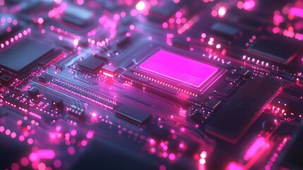 Fototapeta premium Close-up of a circuit board with glowing pink components, showcasing intricate details and technological complexity.