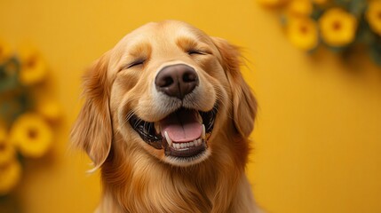A joyful golden retriever with closed eyes, set against a vibrant yellow backdrop, perfect for dog-related content, greeting cards, or cheerful promotions.