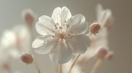 Obraz premium Close-up of a delicate, pale pink and white flower in bloom, surrounded by unopened buds, soft light background.