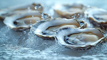 many oysters with wavy splashes of water is photographed as a water splash blows over the oyster, in the style of light beige and sky-blue,