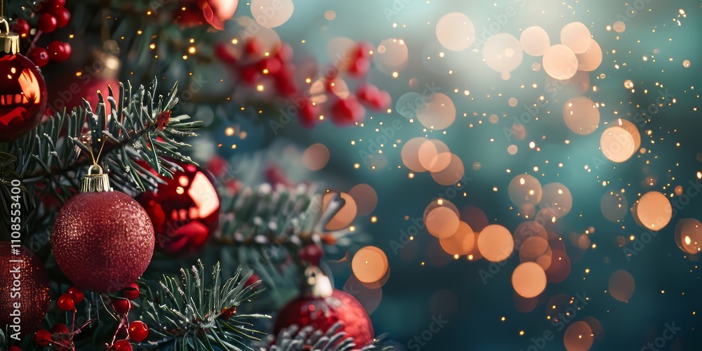 Poster close-up of christmas tree branches with red ornaments and glowing bokeh lights, creating a festive 