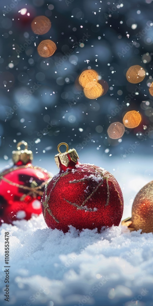 Poster a red and gold ornament sits on top of a snowy surface. the snow is falling around it, creating a pe