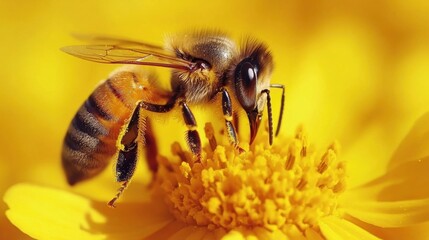 Close-up of a honeybee collecting pollen from a yellow flower.
