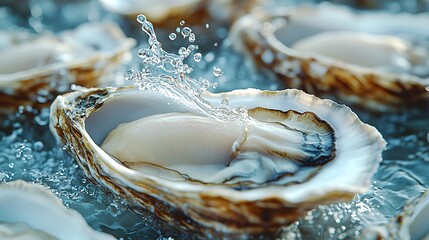 many oysters with wavy splashes of water is photographed as a water splash blows over the oyster, in the style of light beige and sky-blue,