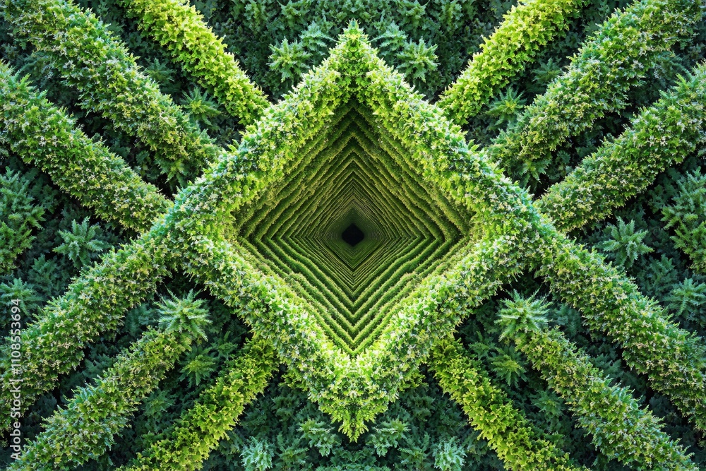 Poster a symmetrical pattern of lush green hedges creating a mesmerizing tunnel effect.