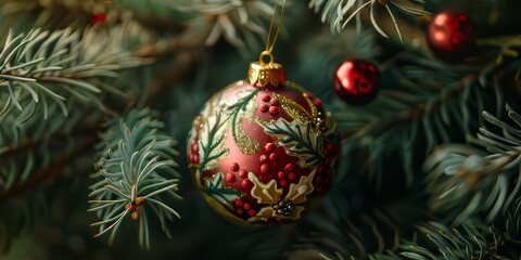 A red and gold ornament hangs on a tree branch. The ornament is shaped like a ball and has a gold trim