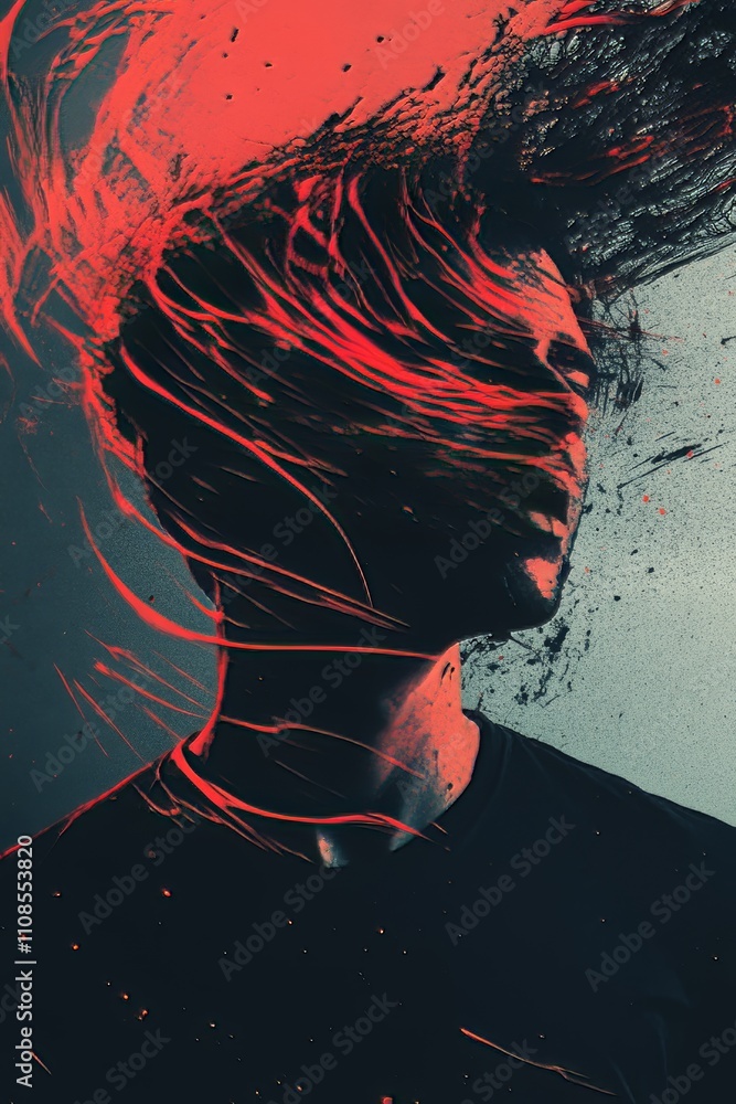 Poster a striking abstract portrait featuring dynamic red and black paint strokes, creating a surreal and a
