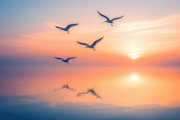 Fototapeta premium Three seagulls fly over calm water at sunset. Perfect for peace, freedom, and nature themes.
