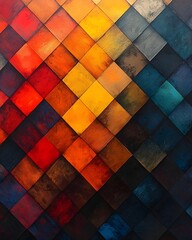 Fototapeta premium A vibrant abstract artwork featuring interlocking diamond-shaped panels in rich shades of red, orange, yellow, blue, and black, creating a dynamic and energetic composition.