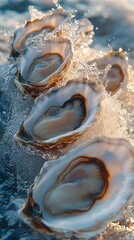 many oysters with wavy splashes of water is photographed as a water splash blows over the oyster, in the style of light beige and sky-blue,