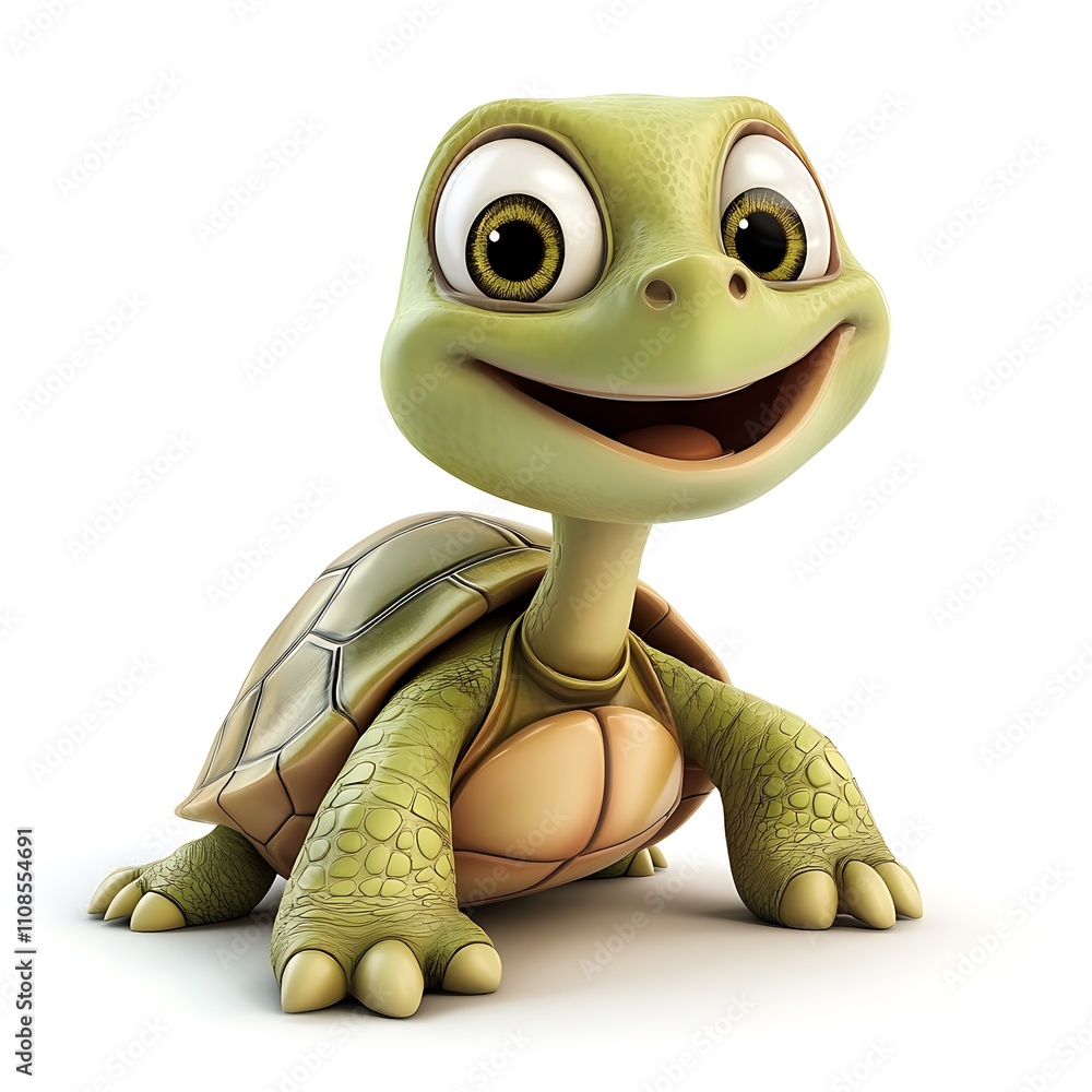 Poster charming 3d turtle, happy youthful turtle smiling cheerfully with big eyes isolated on a bright whit