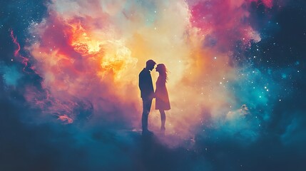 Obraz premium Romantic embrace in colorful nebula dreamy atmosphere art