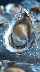 many oysters with wavy splashes of water is photographed as a water splash blows over the oyster, in the style of light beige and sky-blue,