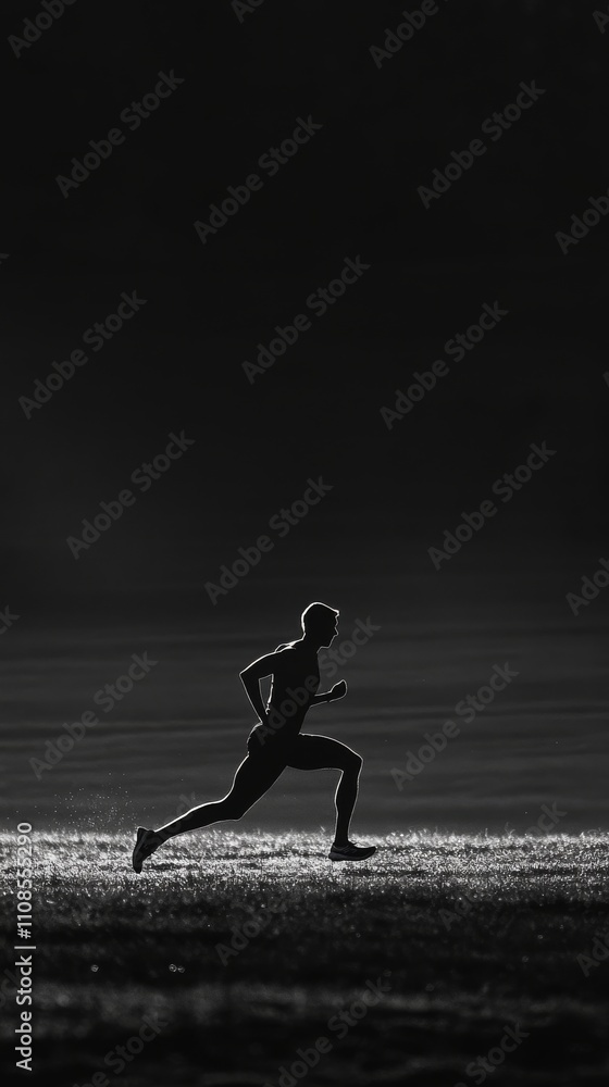 Poster dark outline of a runner sprinting through an open field, driven by determination.