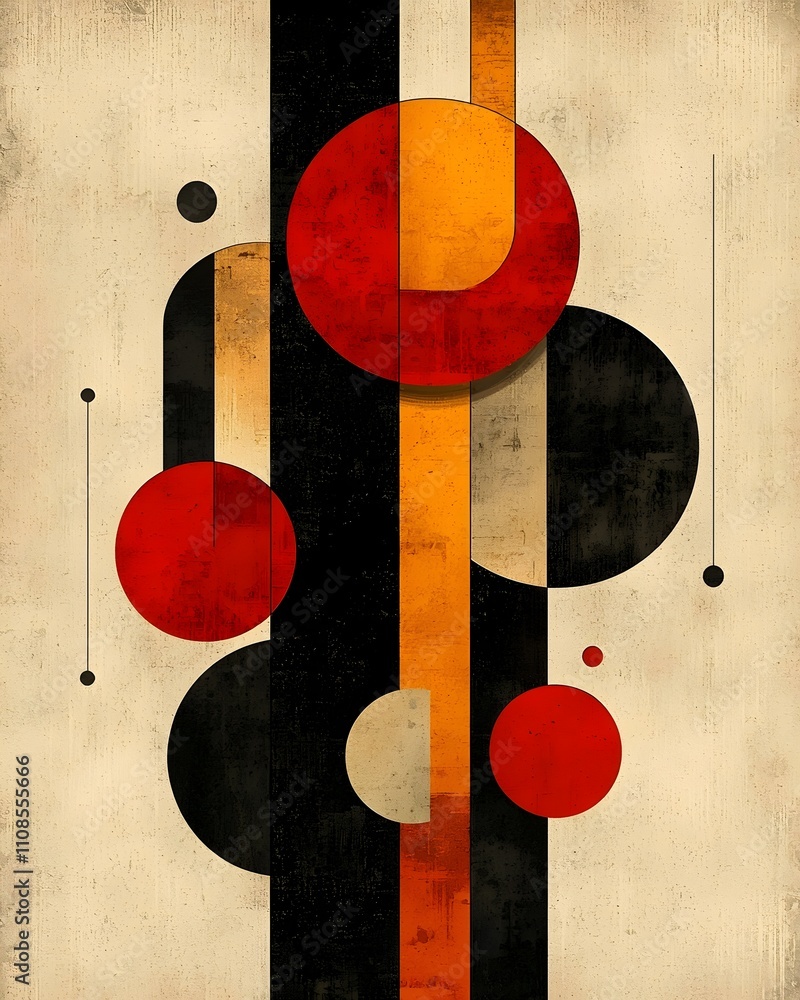 Poster An abstract composition featuring large red and black circles overlaid on vertical stripes of golden and beige tones, creating a dynamic and visually striking geometric design.