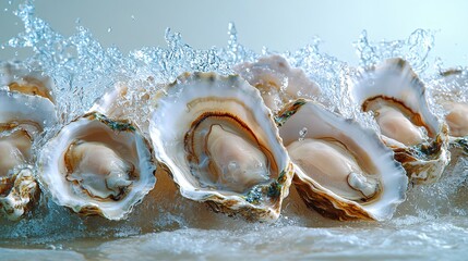many oysters with wavy splashes of water is photographed as a water splash blows over the oyster, in the style of light beige and sky-blue,