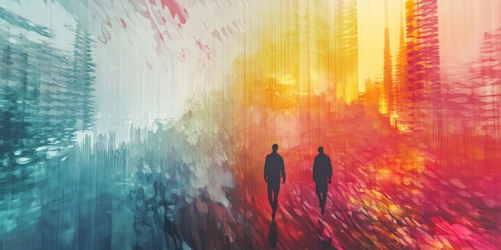 Two silhouetted figures walk through a vibrant, abstract urban landscape with dynamic brushstrokes and vivid colors.