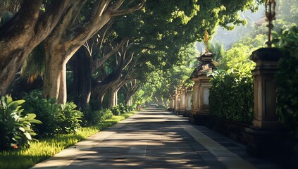 Obraz premium Serene Pathway Through Lush Tropical Garden: A Tranquil Bali Morning