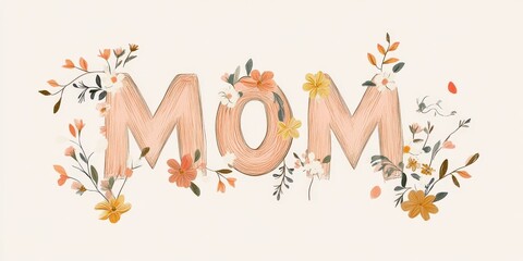 A Delicate Floral Illustration of the Word Mom with Peach and Yellow Tones. Happy Mothers Day Concept.