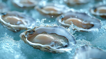 many oysters with wavy splashes of water is photographed as a water splash blows over the oyster, in the style of light beige and sky-blue,