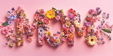 A Beautiful Floral Arrangement Spelling Out The Word Mom On A Pink Background. Happy Mothers Day Concept.