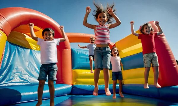 Children Jumping on Inflatable Trampoline