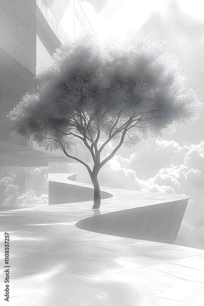 Poster a solitary tree stands against a backdrop of soft, ethereal clouds, creating a serene and dreamlike 