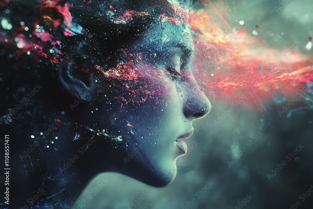 Poster a captivating digital artwork depicting a woman's profile merging with cosmic elements, creating a s