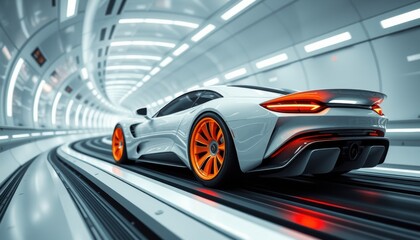 Fototapeta premium Futuristic Sports Car Speeding Through Modern Tunnel