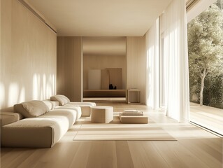 Fototapeta premium n inviting living room space with neutral tones and plenty of natural light. The simplicity of the design adds to its charm.