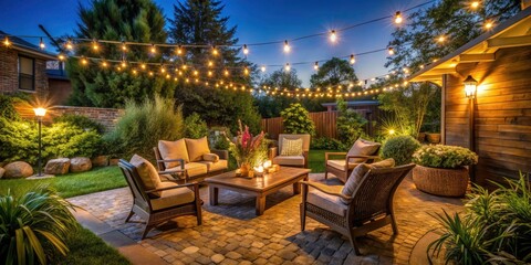 Fototapeta premium Long Exposure Suburban Patio Photography: Night Lights, Cozy Outdoor Seating, Backyard Relaxation