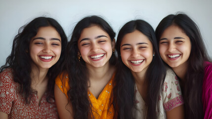 Fototapeta premium group of happy young Indian friends laughing together, portrait isolated on a white background,