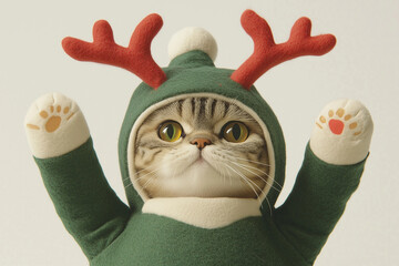 An adorable cat dressed in a cozy green costume with reindeer antlers, creating a playful and festive holiday vibe. The close-up view highlights the cat's curious expression
