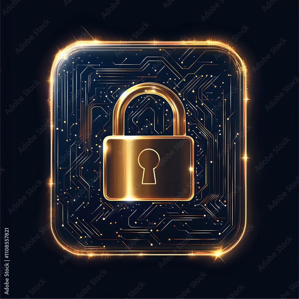 Poster cybersecurity digital lock: golden padlock on circuit board background illustrating data protection 