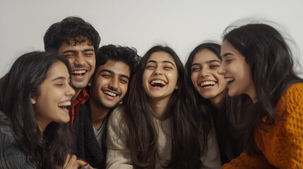 Obraz premium group of happy young Indian friends laughing together, portrait isolated on a white background,