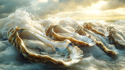 many oysters with wavy splashes of water is photographed as a water splash blows over the oyster, in the style of light beige and sky-blue,
