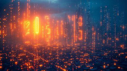 Fototapeta premium Futuristic Cityscape with Glowing Digital Numbers Amidst Night Sky