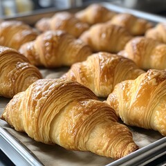 Freshly baked croissants on a tray, just out of the oven and ready for customers.