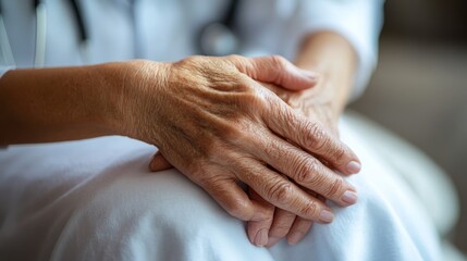 Fototapeta premium Close-up of elderly doctor's hands resting on lap, showing age and experience.