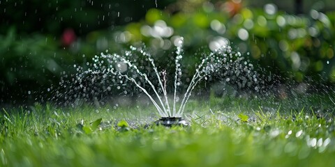 A garden sprinkler in action, watering a lush green lawn on a sunny day, creating a beautiful bokeh effect in the background.