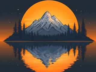 A breathtaking mountain landscape at sunset, featuring towering peaks illuminated by a warm orange glow, reflecting perfectly on a serene lake surrounded by dense pine trees.