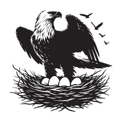 Black and white silhouette of eagle sitting in his nest, Flying Bald Eagle black and white Silhouette vector, A Bald Eagle black Silhouette Vector isolated on a white background