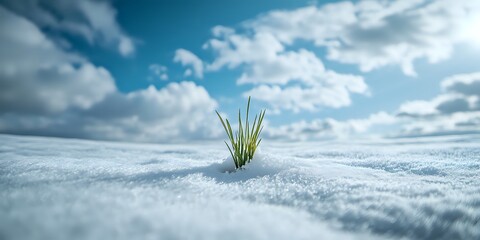 A Tiny Sprout Emerging from Winter's Embrace: A Symbol of Hope and Resilience in a Snowy Landscape Under a Bright Sky