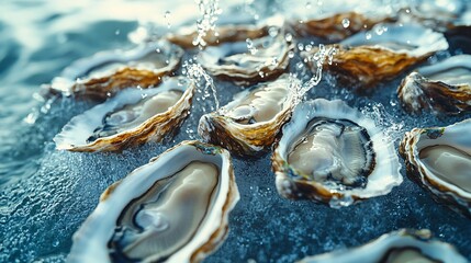 many oysters with wavy splashes of water is photographed as a water splash blows over the oyster, in the style of light beige and sky-blue,