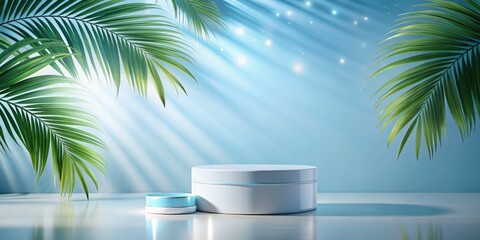 Fototapeta premium Minimal Abstract Blue-White Background for Cosmetic Product Showcase with Bokeh Effect, Premium Podium, Tropical Palm Shadows, Elegant Display, Modern Aesthetic Presentation