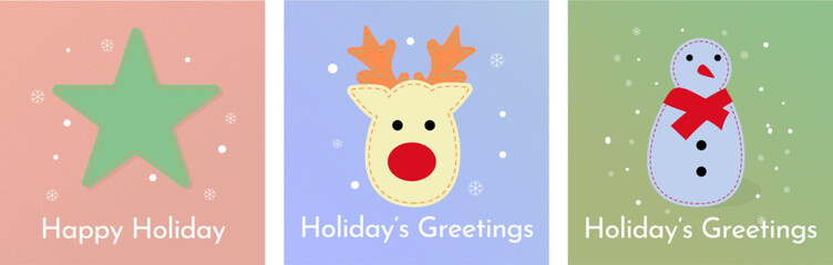 Winter holiday merry Christmas set of greeting cards, holiday cover, invitation template. Christmas ornament with snow flakes and grain texture. Flat design