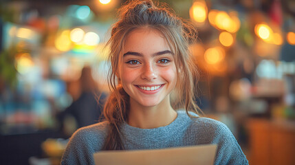 Obraz premium Young Woman Smiling Brightly in a Vibrant Coffee Shop Setting